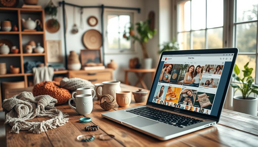 A cozy home studio with natural lighting and a rustic, handcrafted aesthetic. On a wooden table, an array of handmade crafts is artfully displayed - knitted scarves, ceramic mugs, and intricate jewelry pieces. In the foreground, a laptop is open, showcasing a social media platform with vibrant, visually appealing posts highlighting the unique qualities of each item. The background features shelves lined with colorful, one-of-a-kind creations, along with a large window overlooking a tranquil outdoor scene, conveying a sense of peaceful productivity. The overall atmosphere is warm, inviting, and reflective of the personal touch and passion behind the handmade goods being marketed. A cozy home studio with natural lighting and a rustic, handcrafted aesthetic. On a wooden table, an array of handmade crafts is artfully displayed - knitted scarves, ceramic mugs, and intricate jewelry pieces. In the foreground, a laptop is open, showcasing a social media platform with vibrant, visually appealing posts highlighting the unique qualities of each item. The background features shelves lined with colorful, one-of-a-kind creations, along with a large window overlooking a tranquil outdoor scene, conveying a sense of peaceful productivity. The overall atmosphere is warm, inviting, and reflective of the personal touch and passion behind the handmade goods being marketed.
