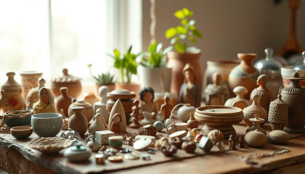 A handcrafted display of artisanal trinkets, arranged on a rustic wooden surface under the soft, natural glow of diffused daylight. In the foreground, an assortment of handmade ceramics, textiles, and small sculptures invite the viewer to inspect their intricate details. The middle ground features a variety of delicate jewelry pieces, each with its own unique character. In the background, a few potted plants add a touch of greenery, complementing the organic, homemade aesthetic. The overall composition evokes a sense of warmth, creativity, and the personal touch of the maker, perfectly capturing the essence of handmade crafts for sale. A handcrafted display of artisanal trinkets, arranged on a rustic wooden surface under the soft, natural glow of diffused daylight. In the foreground, an assortment of handmade ceramics, textiles, and small sculptures invite the viewer to inspect their intricate details. The middle ground features a variety of delicate jewelry pieces, each with its own unique character. In the background, a few potted plants add a touch of greenery, complementing the organic, homemade aesthetic. The overall composition evokes a sense of warmth, creativity, and the personal touch of the maker, perfectly capturing the essence of handmade crafts for sale.