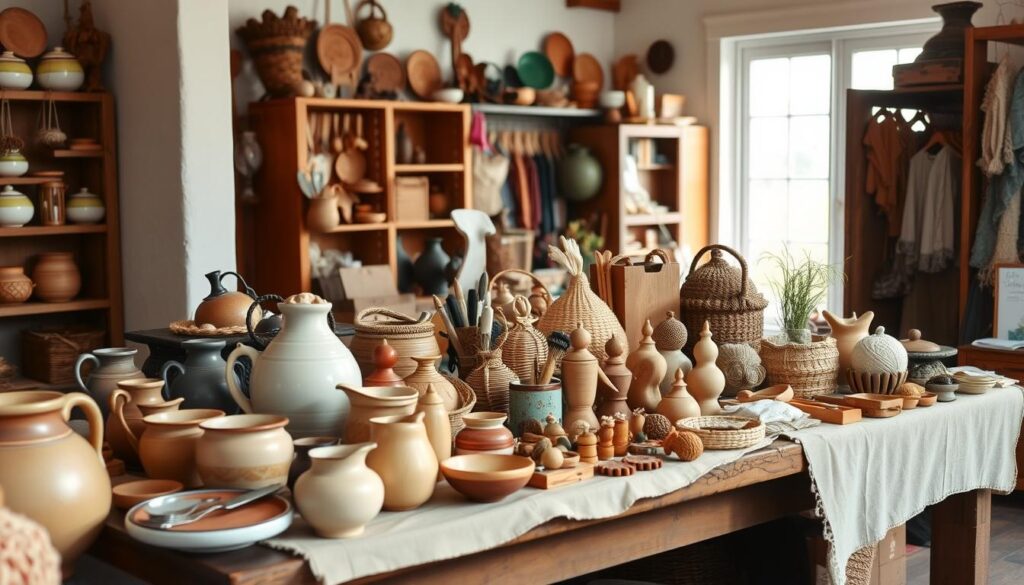 A well-lit, artisanal display of handmade crafts for sale. In the foreground, an assortment of unique, handcrafted items including pottery, woven baskets, wooden trinkets, and knitted accessories. The middle ground features a rustic wooden table with a simple cloth covering, showcasing the crafts in an inviting arrangement. The background depicts a cozy, homely setting with natural light streaming in, creating a warm and welcoming atmosphere. The overall mood conveys a sense of pride, passion, and the personal touch of the maker's hands. A well-lit, artisanal display of handmade crafts for sale. In the foreground, an assortment of unique, handcrafted items including pottery, woven baskets, wooden trinkets, and knitted accessories. The middle ground features a rustic wooden table with a simple cloth covering, showcasing the crafts in an inviting arrangement. The background depicts a cozy, homely setting with natural light streaming in, creating a warm and welcoming atmosphere. The overall mood conveys a sense of pride, passion, and the personal touch of the maker's hands.