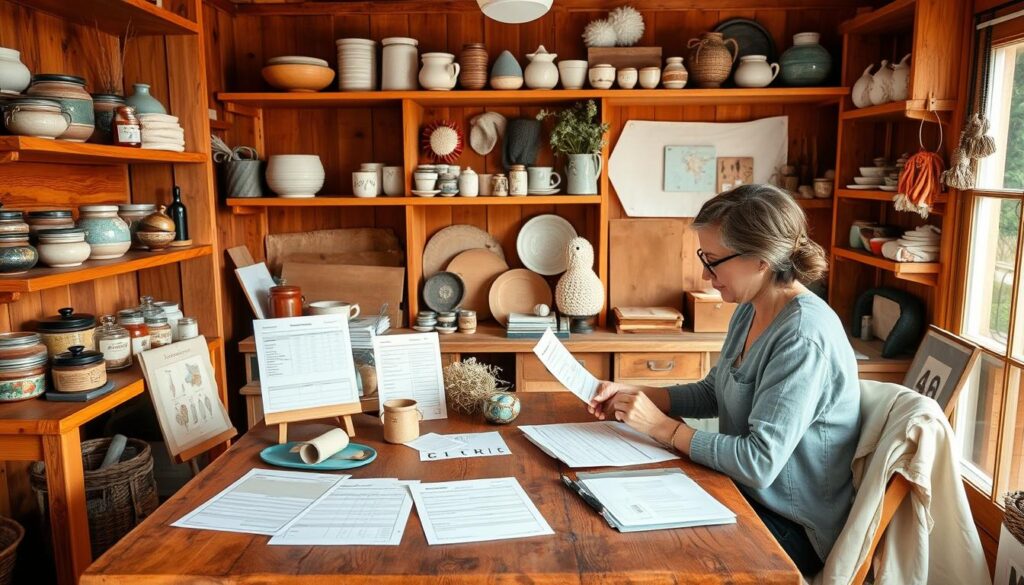 Pricing handmade crafts: a cozy home studio with natural lighting, wooden shelves displaying an array of unique handmade items - pottery, knitted accessories, candles, and more. A craftsperson sits at a rustic table, contemplating pricing tags and worksheets, surrounded by inspirational mood boards and price comparison references. The scene exudes a sense of thoughtful consideration, creativity, and the personal touch of handmade goods ready to be offered to discerning customers seeking one-of-a-kind pieces. Pricing handmade crafts: a cozy home studio with natural lighting, wooden shelves displaying an array of unique handmade items - pottery, knitted accessories, candles, and more. A craftsperson sits at a rustic table, contemplating pricing tags and worksheets, surrounded by inspirational mood boards and price comparison references. The scene exudes a sense of thoughtful consideration, creativity, and the personal touch of handmade goods ready to be offered to discerning customers seeking one-of-a-kind pieces.